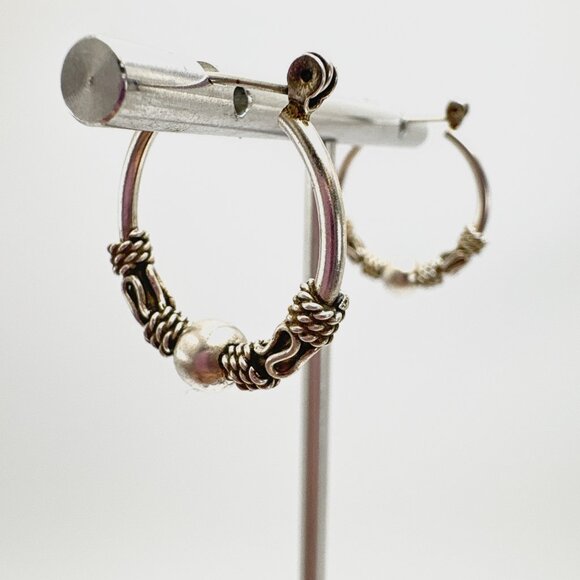 VTG Sterling Silver 925 Bead & Rope Design Hoop Earrings Size 1" Length - Picture 2 of 9